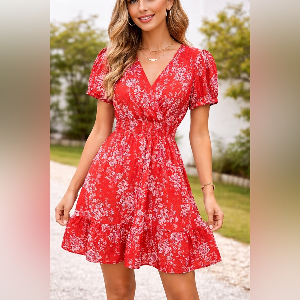 Women’s Ditsy Floral Print Puff Sleeve Ruffle Hem Dress Size M Cute Classy Dress